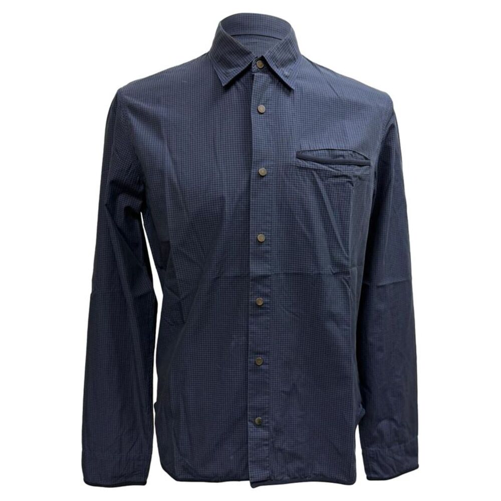Jil Sander Gingham-Print Button-Down Long Sleeve Shirt in Navy Blue Cotton